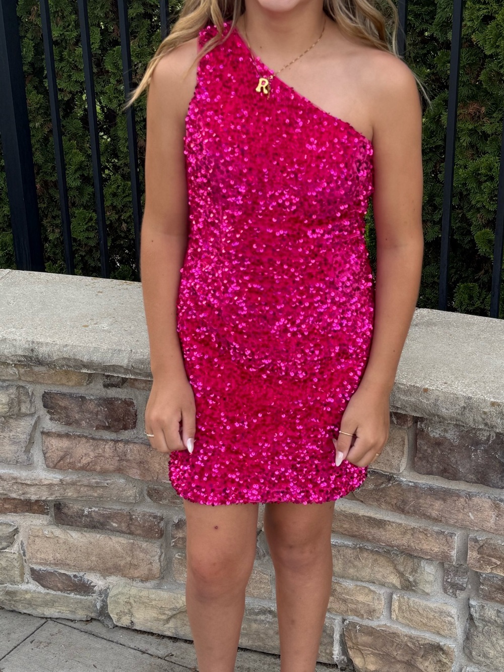 Girls' One-Shoulder Hot Pink Sequin Party Dress